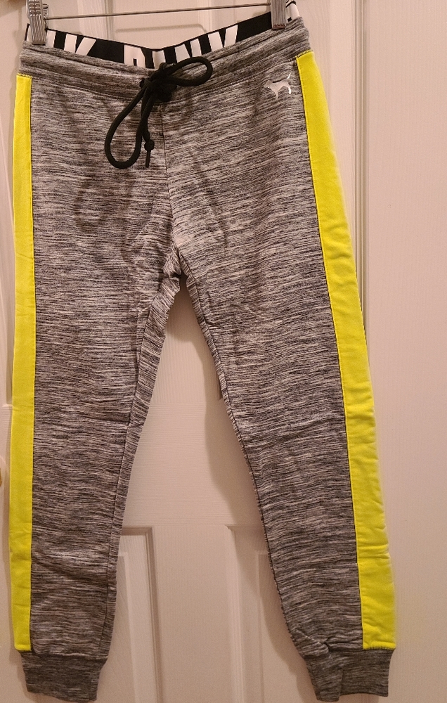 Pink by Victoria Secret marl. Grey with neon yellow strip sweatpants size xs